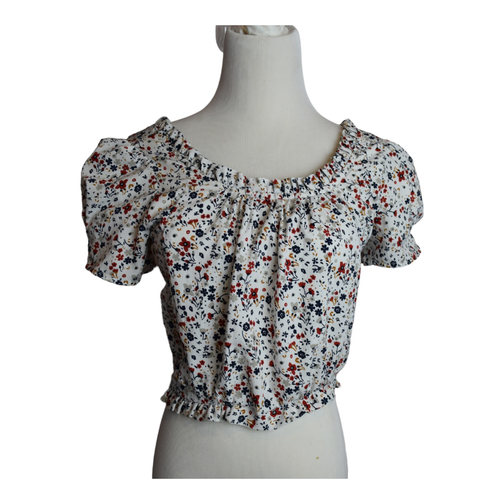 Japna Floral Smocked Back Crop Top with Short Puff Sleeves  Med